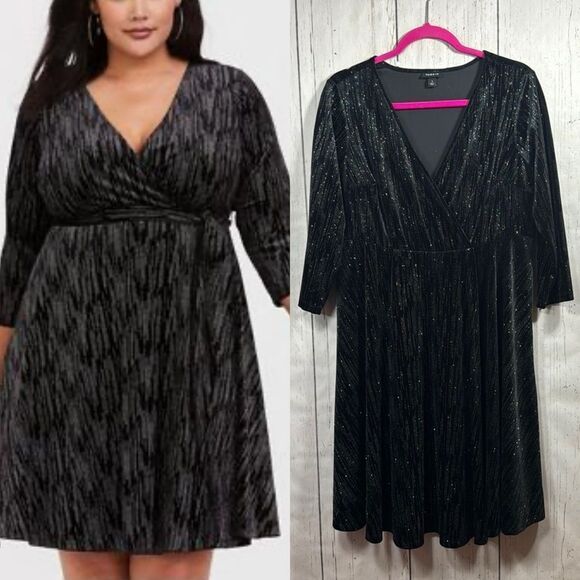 Torrid Black Metallic Shimmer Velvet Faux Wrap Dress 1X Long Sleeve Party - Picture 1 of 16